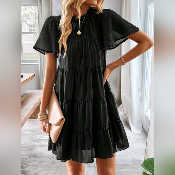 * New Boho Chiffon Tiered Ruffle Short Sleeve Dress Tie Bow Back Black - Picture 2 of 8